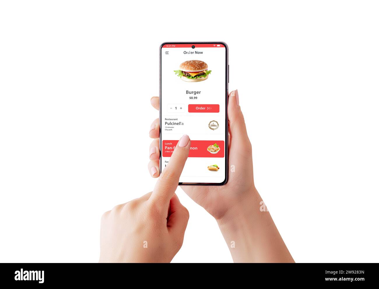 Frauenhände mit Smartphone isoliert, Burger über App oder Website-Konzept bestellen. Nahtloses Online-Erlebnis für Fast-Food-Appetit auf Stockfoto