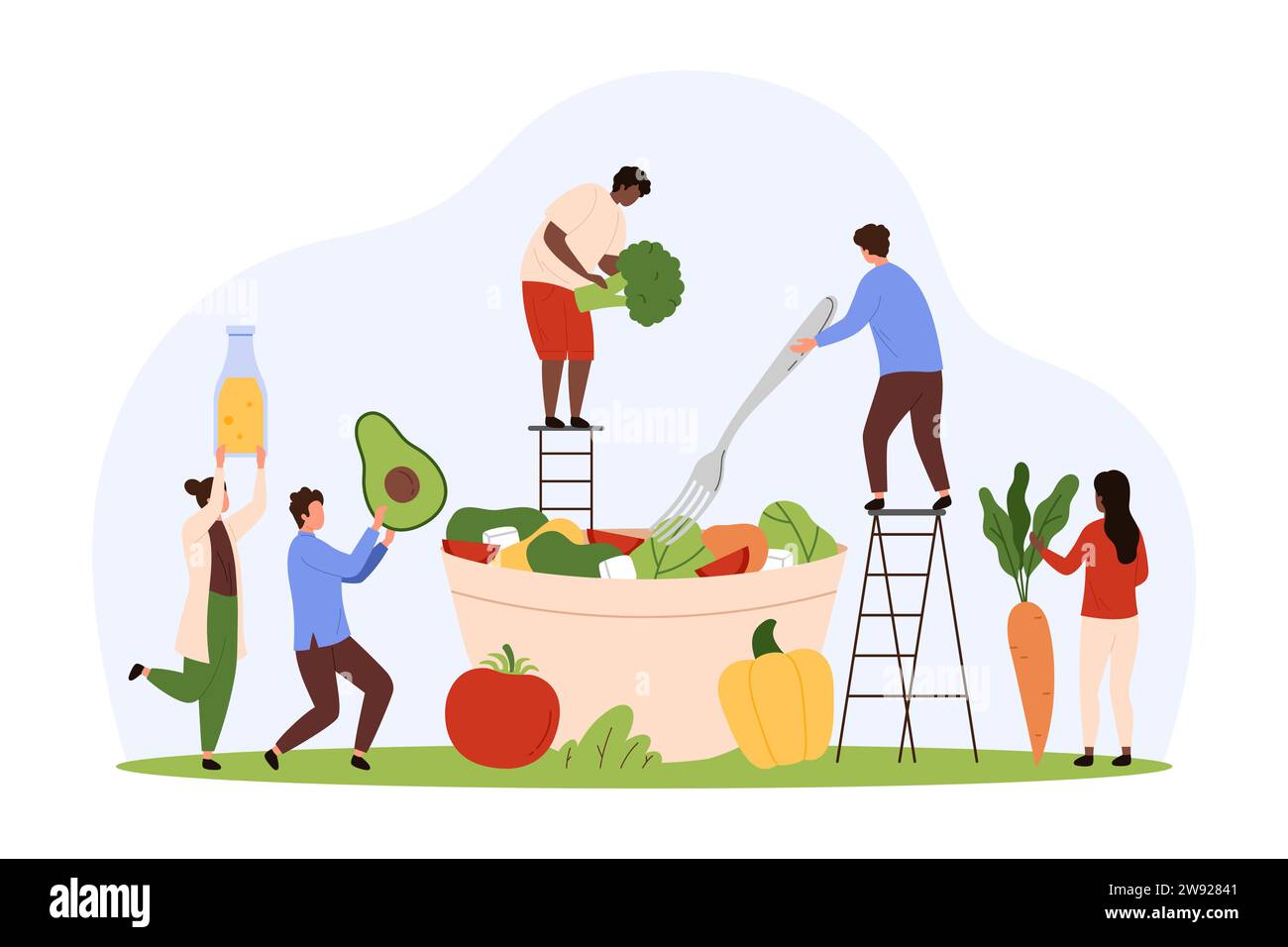 Kochen Sie gesunde vegetarische Lebensmittel in der Küche. Winzige Leute, die Gemüse und Flasche Olivenöl Dressings halten, um Salat in der riesigen Schüssel zu kochen, mediterrane Diät Rezept Karikaturvektor Illustration Stock Vektor