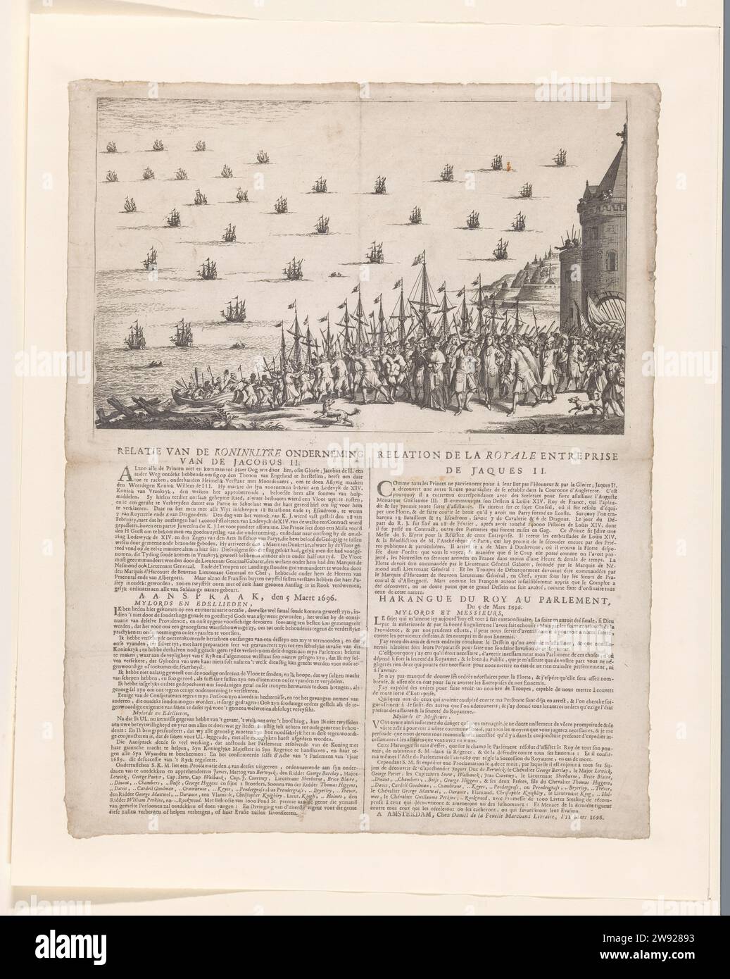 Ankündigung eines gescheiterten Mordanschlags auf König Wilhelm III., 1696, Daniel de Lafeuille (zugeschrieben), 1696 Druck der getriebene König Jacobus II. Im französischen Exil bereitet sich auf die Segel nach England vor, falls der Mordanschlag auf König Wilhelm III. Erfolgreich ist. Kriegsschiffe auf See und im Vordergrund eine Armee, die sich aufmacht. Recht auf Würdenträger, wahrscheinlich Ludwig XIV. Und Jakob II Rechte Verteidigungstürme und ein Teil der Küste. Auf dem Blatt unter der Platte eine Beschreibung des Kollot und eine Rede von König Wilhelm III. Am 5. März 1696, in der er den gescheiterten Mordversuch an ihm ankündigt. Text in zwei Spalten auf Niederländisch Stockfoto