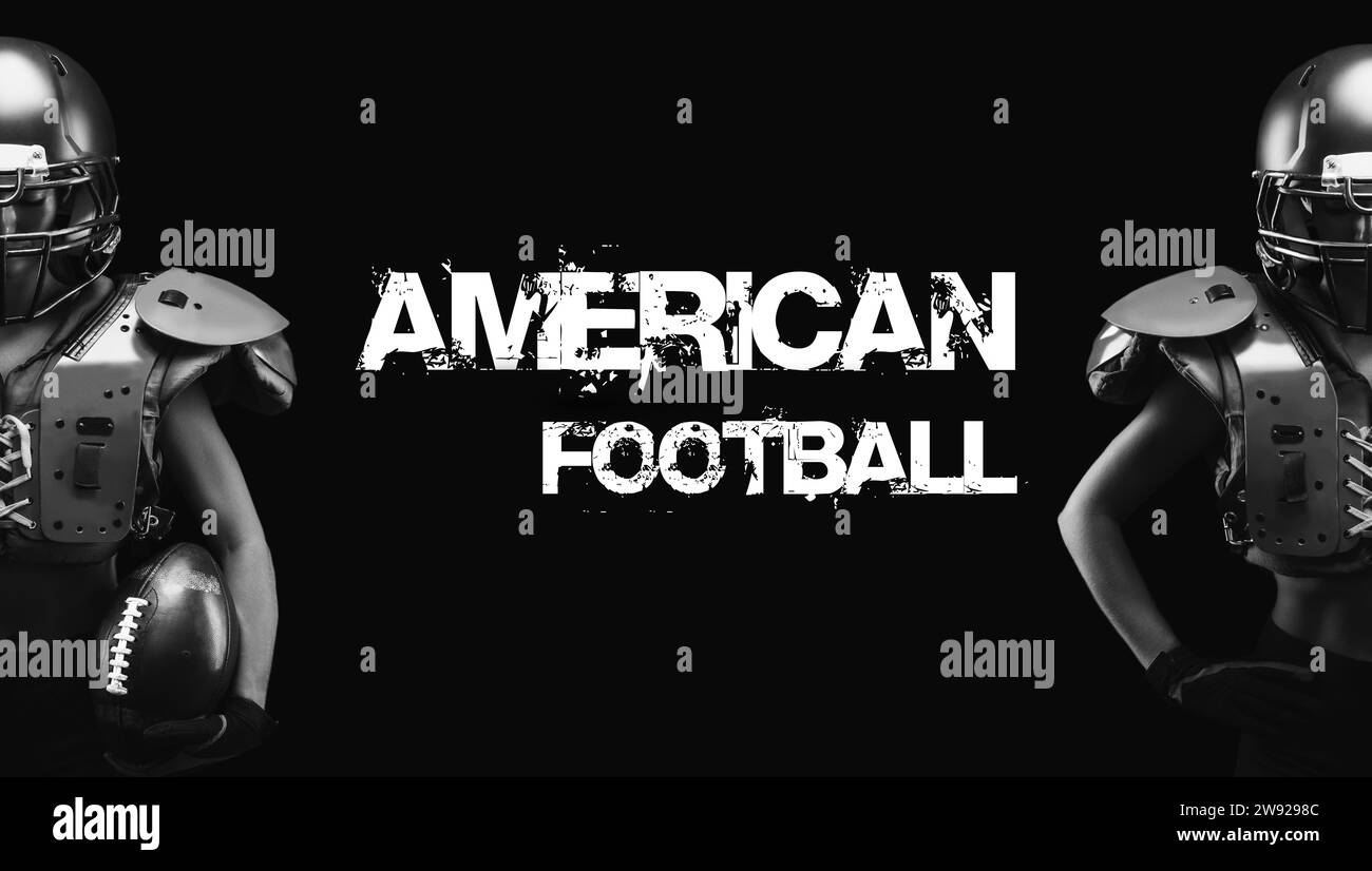 Kombiniertes Porträt eines Mädchens in der Uniform eines American Football-Mannschaftsspielers. Schwarzer Hintergrund. Sportkonzept. Gemischte Medien Stockfoto