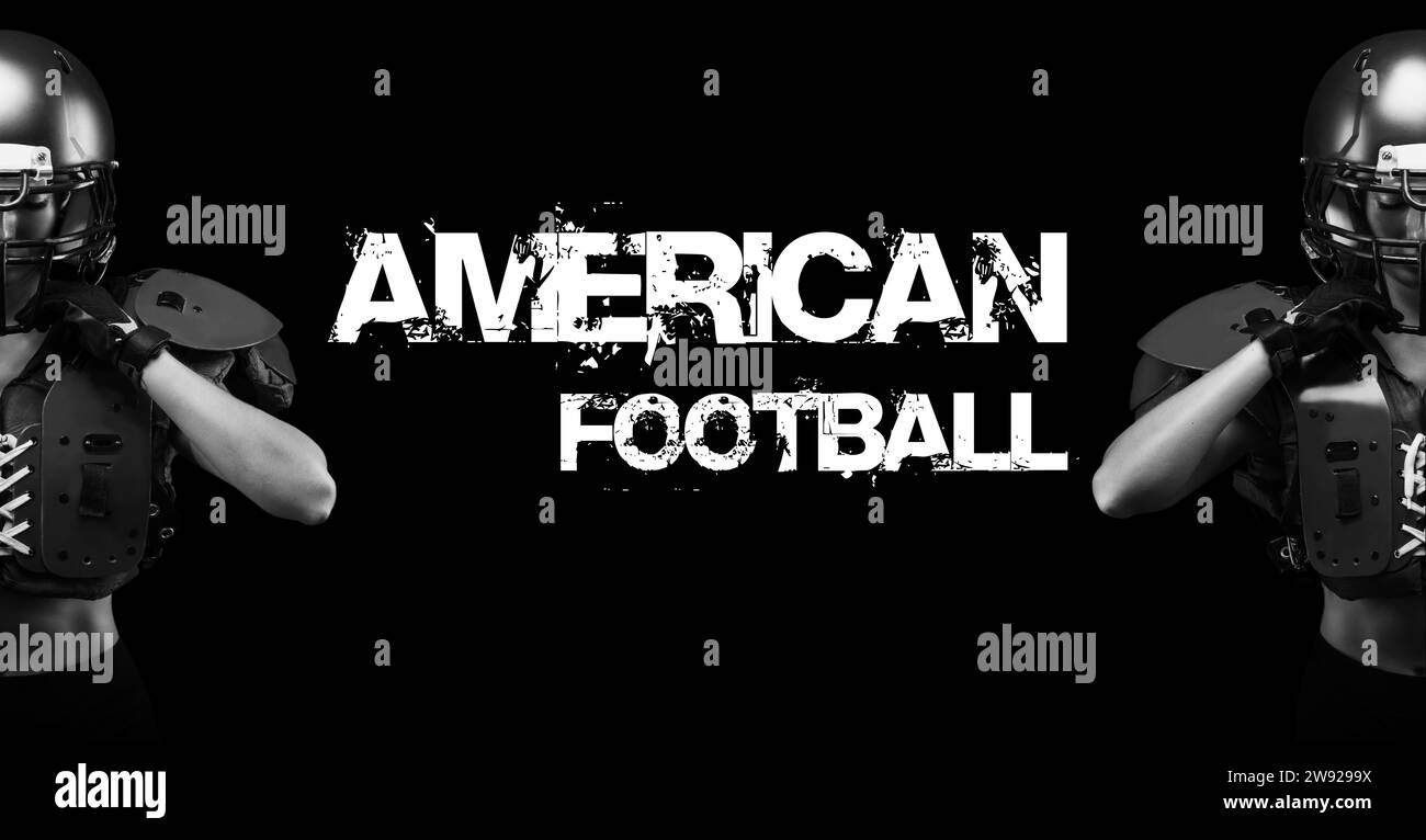 Kombiniertes Porträt eines Mädchens in der Uniform eines American Football-Mannschaftsspielers. Schwarzer Hintergrund. Sportkonzept. Gemischte Medien Stockfoto