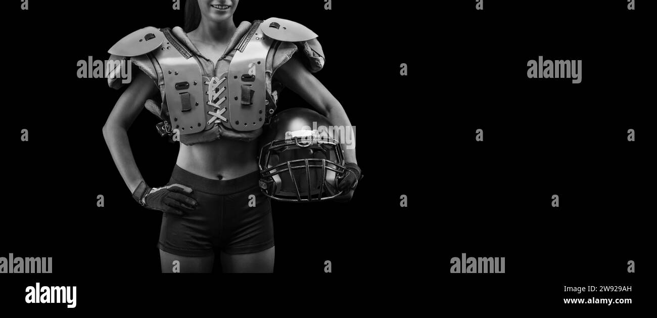 KEIN Namensporträt einer Frau in Schulterpolstern. American Football. Sportkonzept. Gemischte Medien Stockfoto
