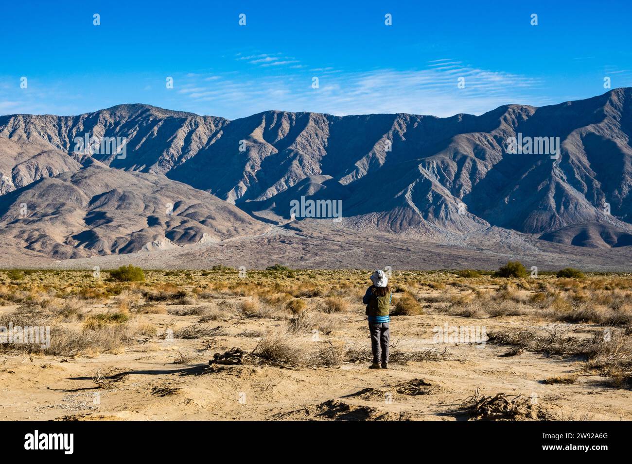 Fluvialfans bildeten sich am Fuße der Berge in der Wüste Südkaliforniens, USA. Stockfoto
