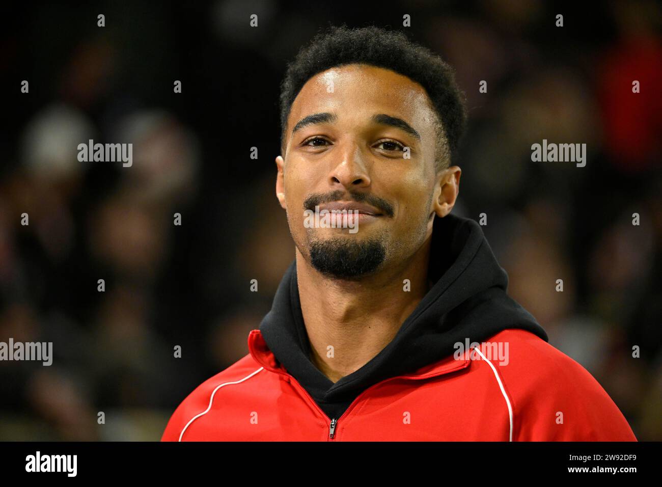 Decathlet, Leichtathlet Leo Neugebauer, Porträt, Lächeln, MHPArena, MHP Arena Stuttgart, Baden-Württemberg, Deutschland Stockfoto