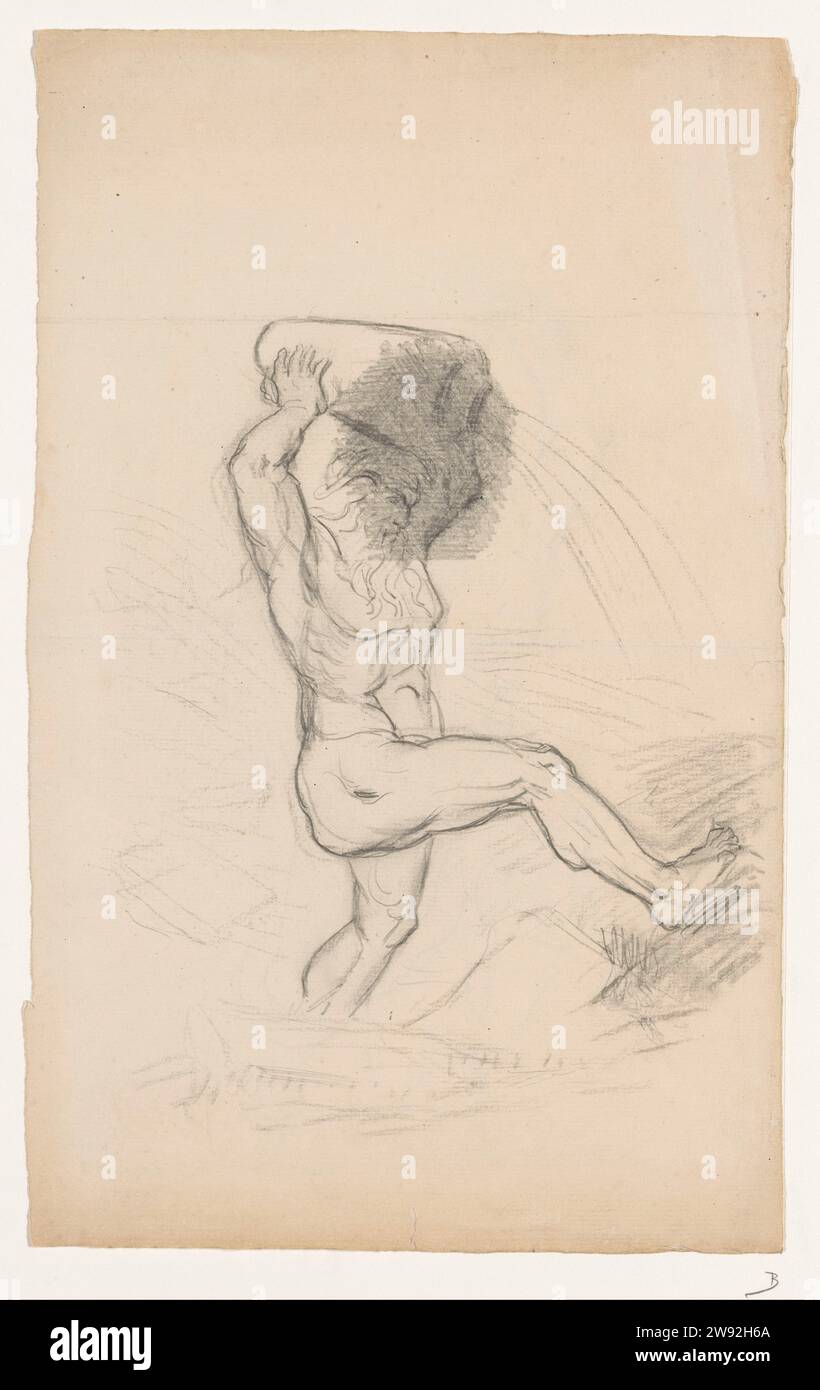 Bartmann verdrängt Kruik, Johan Michaël Schmidt Crans, 1880–1890 Zeichnung Bartmann gießt einen Krug über seinen Kopf, während er mit seinem rechten Bein leicht zu brechen scheint. Möglicherweise von einem überfluteten Flussgott überflutet. Wahrscheinlich eine Skizze für einen Zeichentrickfilm im Nederlandsche Spectator. Niederlande Papier. Bleistift. Kreide politische Karikaturen und Satiren Niederlande Stockfoto