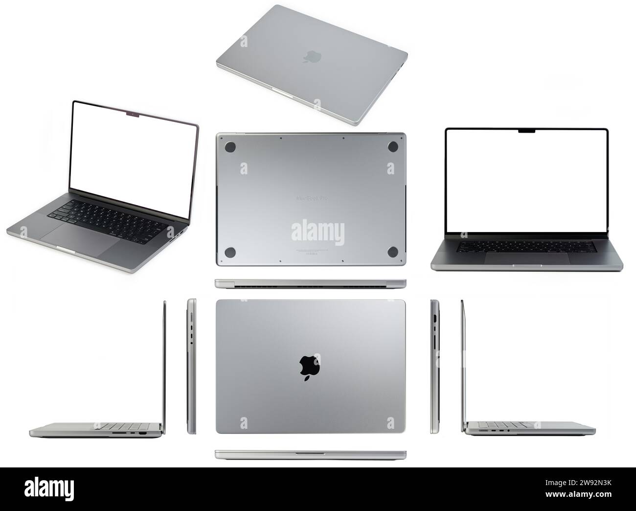 New York, USA - 22. Dezember 2023: MacBook Pro Grau verschiedene Ansichten auf weißem Studiohintergrund Stockfoto