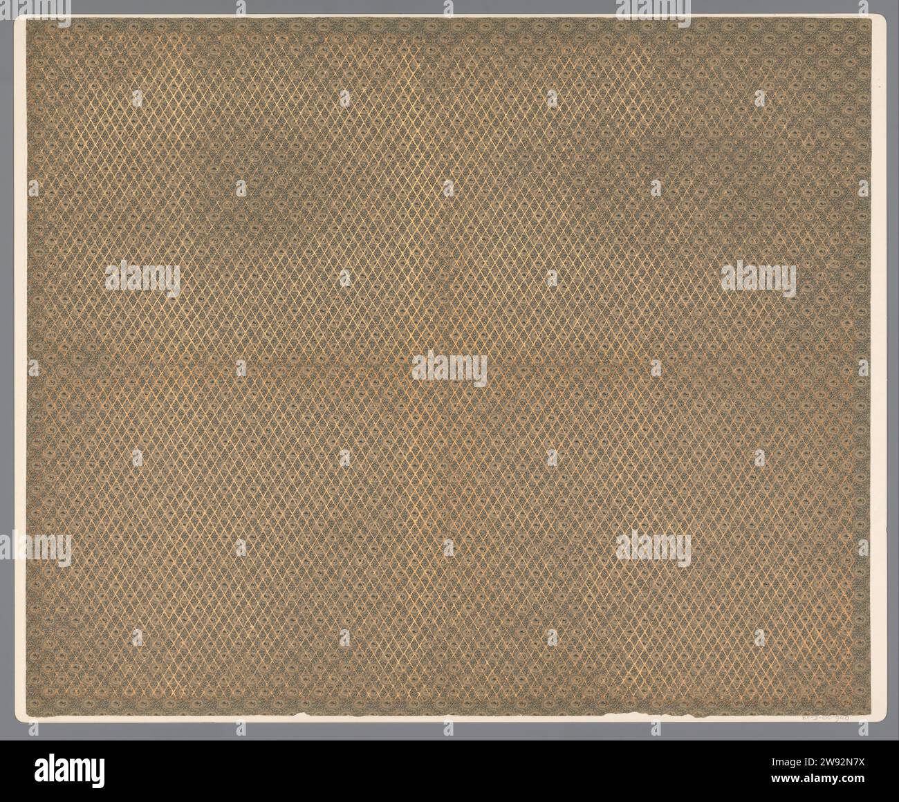 Blatt mit Spreizmuster des ovalen Blumenmusters zwischen Zweigen mit Diamantmuster in Gold, anonym, 1900 - 1950 geprägtes Papier Blatt mit regelmäßigem Sprühmuster des Blumenmusters in Oval umgeben von Zweigen in Grün unter einem Diamantmuster in Gold. Papier. Lack (Beschichtung). Ornament aus Pflanzenformen Stockfoto