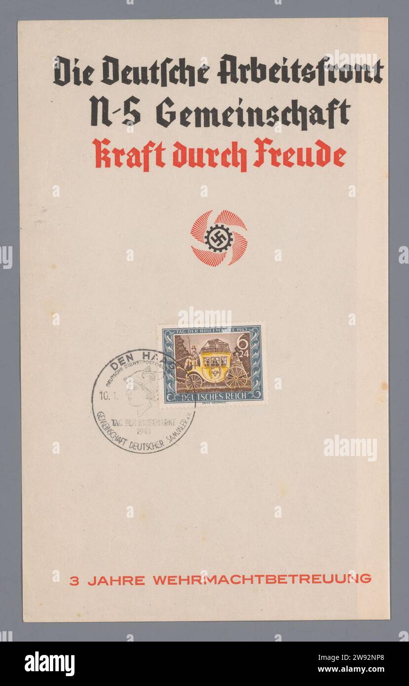 3 Jahre Werbeunterstützung, deutsche Dienstpost Niederlande, 1943 Briefmarke Deutsche Briefmarke, mit Sondermarken auf Spezialdruckpapieren geklebt; Briefmarke mit Postwagen, gelb, braun und blau. HINWEIS: SIEHE NG-700-F. Inschrift; B.: 'Die Deutsche Arbeitsfront / N-S Gemeinschaft / Kraft durch Freude'. Datiert; auf Stempel: 10.1,43. Markiert; auf Stempel und Papier: Stempel; auf Papier: Hakenkreuz. Inschrift; auf dem Stempel: "Deutsches Reich". Die Haager Papierdruckerei Niederlande Stockfoto
