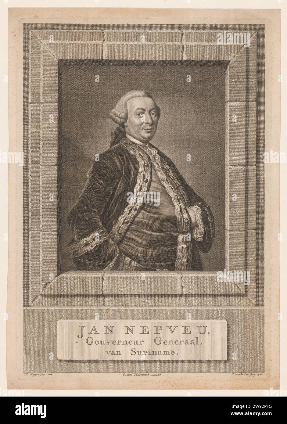 Jan Nepveu, Generalgouverneur, Van Suriname, Jacob Houbraken, Nach Tibout Regters, 1770 Druck Porträt von Jan Nepveu, Generalgouverneur von Suriname, stehende Figur im Steinrahmen (Rahmen), Hüftstück, rechts, links in Weste gestochen, mit Perücke, Jacke mit verzierter Paspel. Druckerei: Nördliche Niederlande spublisher: Amsterdamer Papierstich historischer Personen. Kolonialgouverneur Suriname Stockfoto