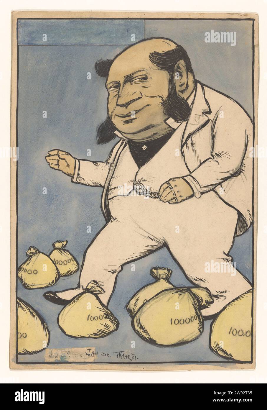 Kapitalist Jan de Waardt, 1875 - 1900 Karikatur eines Kapitalisten, dicker, großer Kopf, kleiner Körper, Ringe an den Fingern. Er läuft lächelnd zwischen Geldsäcken, die auf dem Boden liegen. Die Beutel von 100.000 mit der Nummer. Niederlande Papier. Pappe. Tinte. Aquarell (Farbe). Kreidestift / Pinsel die Rich. Ausstellung des Reichtums. Politische Karikaturen und Satiren Niederlande Stockfoto