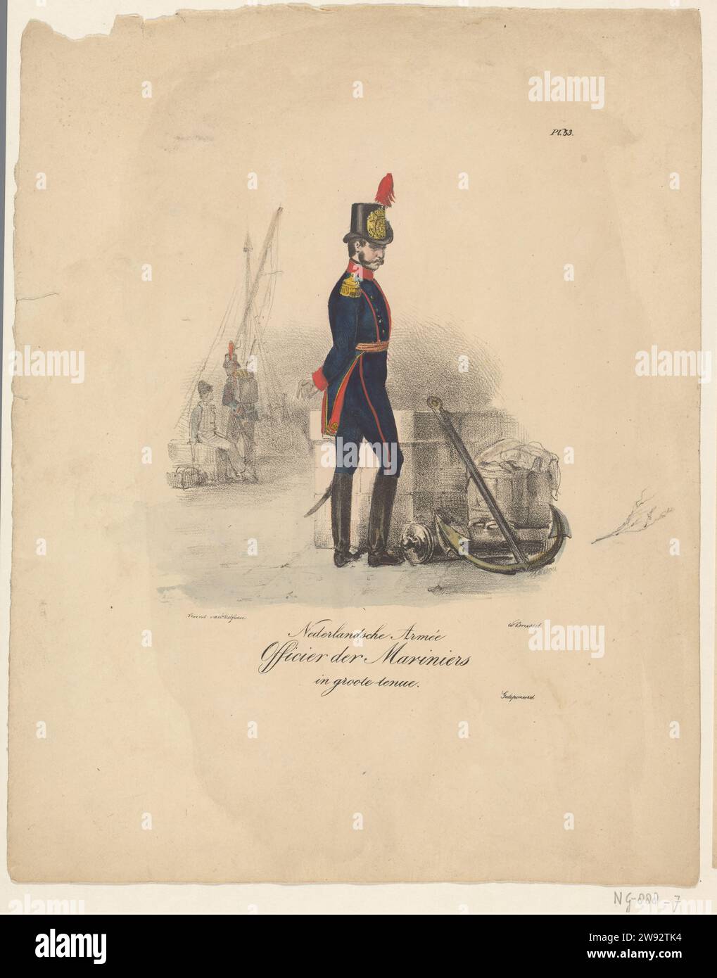 Nederlandsche Armee / Mariners' Officer in Groote Double, Jean Baptiste Madou, 1823–1827 Offizier der Marines, stehend auf einem Kai neben einer Fracht und einem Anker. Oben rechts nummeriert: 53. Aus einem Uniformblech der niederländischen Armee, ca. 1825. Brüsseler Papier (Militär-)Uniformen (+ Marines) Stockfoto