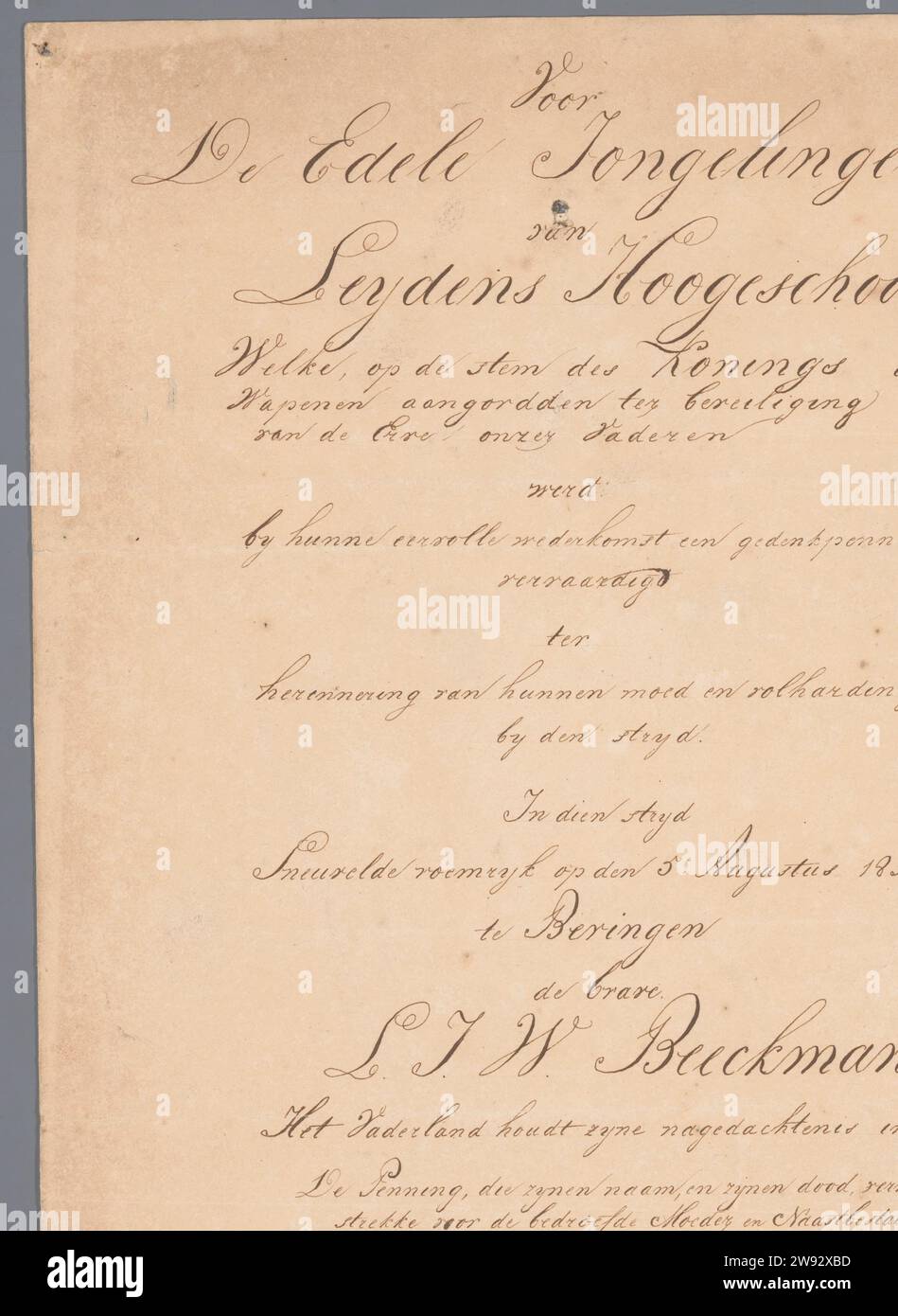Für die edlen Jugendlichen von Leydens Hoogeschool, C. de Vries, 1831 Dokument Doppelgebleichtes Blatt Papier, rechte Innenseite mit brauner Tinte beschrieben als Reaktion auf das Sterben von L.J.W. Beeckman während des zehntägigen Wahlkampfes; links innen: Eine Zeitungsanzeige, Todesanzeige L.J.W. Beeckman. Unterzeichnet; R.o.: C. de Vries (etc). Datiert; M.O.: Die 20n. September 1831. Leiden Papier. Tinte Schreiben (Verfahren) Belgien Stockfoto
