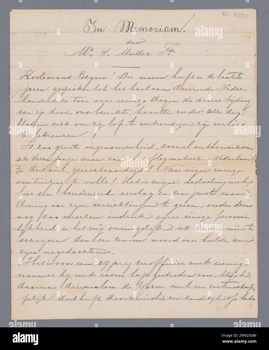 Samuel Muller (1848-1922), ca. 1879 Dokumentenhandschrift auf sechs Seiten (ein Doppelblatt und ein einzelnes Blatt Papier), in grauer Tinte (eigene Handschrift von Herrn S. Muller FZ?), über den zu jung verstorbenen Marineman Koolemans Beynen. Papier. Tinte schreiben (Prozesse) Neues Zembla Stockfoto