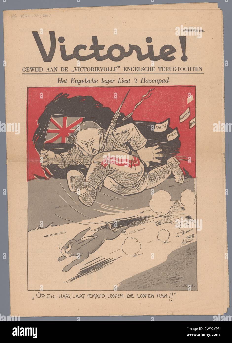 Victorie!, Claudius (u.a.), 1941 12 nummerierte Seiten mit Kariaböten und Fotos (die die Engländer lächerlich machen und die Deutschen verherrlichen). Voorp.: Druck mit Soldaten, die nach links laufen, englische Flagge in der rechten Hand und Haas Idem, mit Untertitel: 'Opzij, Haas, lass jemanden laufen, wer kann laufen!“ Signiert: Auf den Zeichnungen. Datiert; R.B.: August 1941. Inschrift; B.: 'Gewidmet den 'Victoriebollen' englischen Retreats. Die Haager Papierdruckerei Niederlande Stockfoto