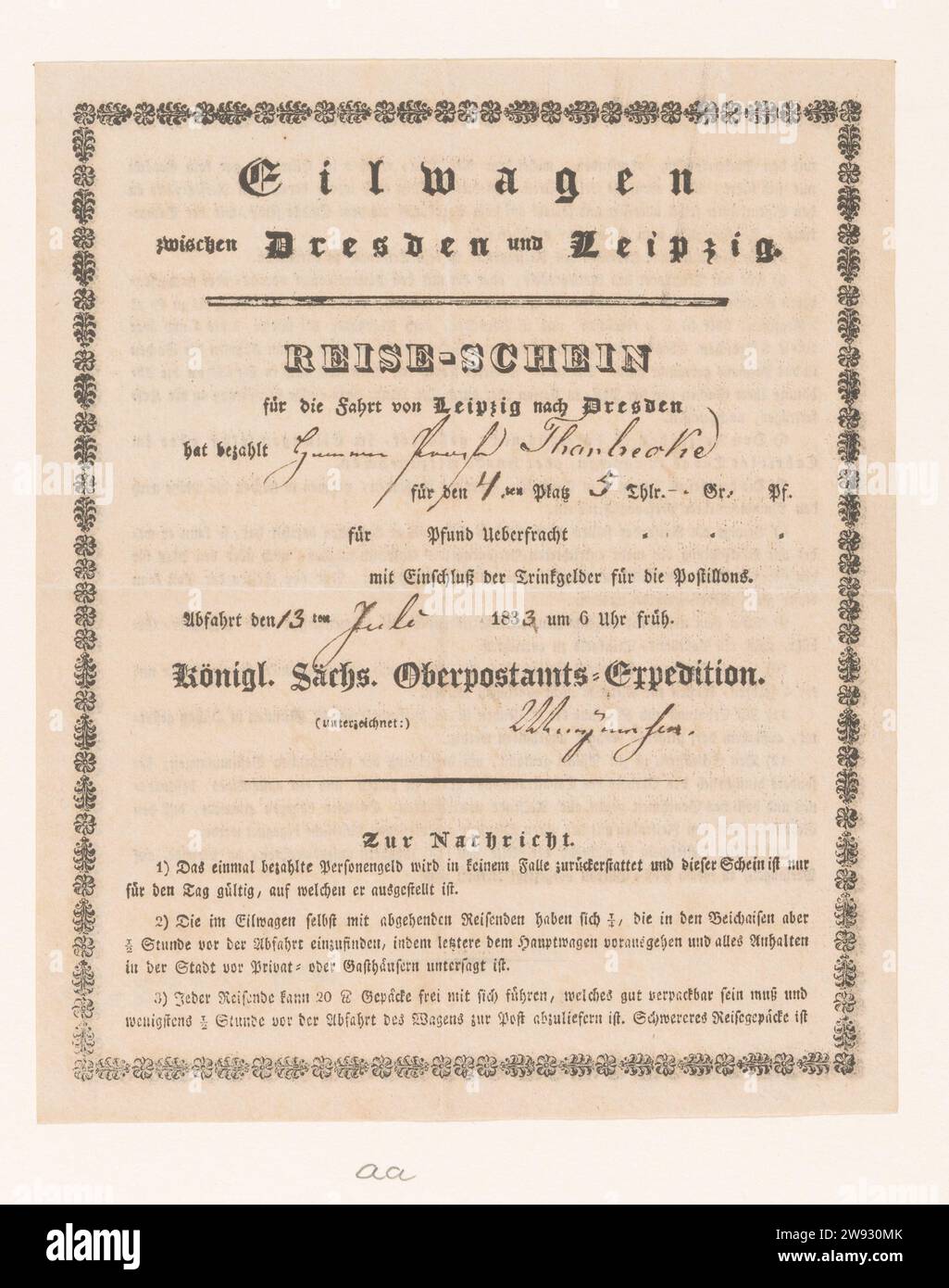 Dokument, anonym, 1833 Dokument Reise-Schein Eilwagen Leipzig-Dresden. Datiert: 13. Juli 1833. Deutschland Papierdruck/-Schreiben (Prozesse) Deutschland Stockfoto