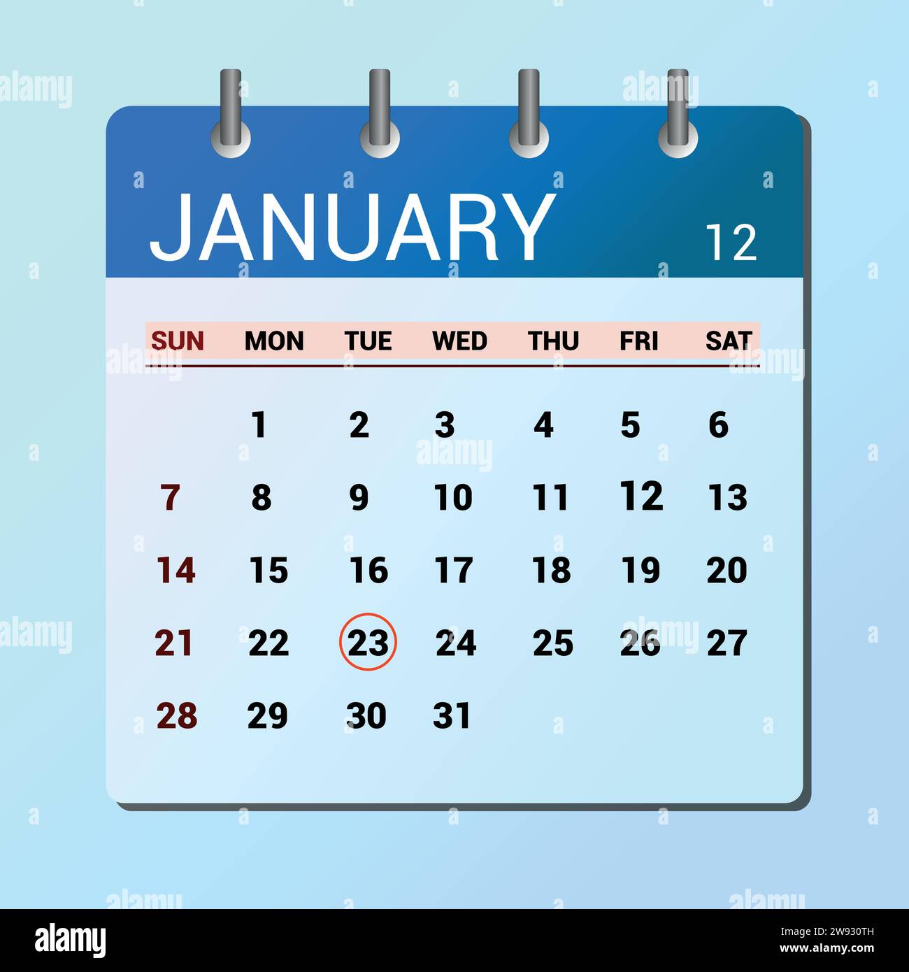 Januar: Kalender mit flachen Symbolen auf blauem Hintergrund isoliert. Vektorillustration für Datum und Monat Stock Vektor