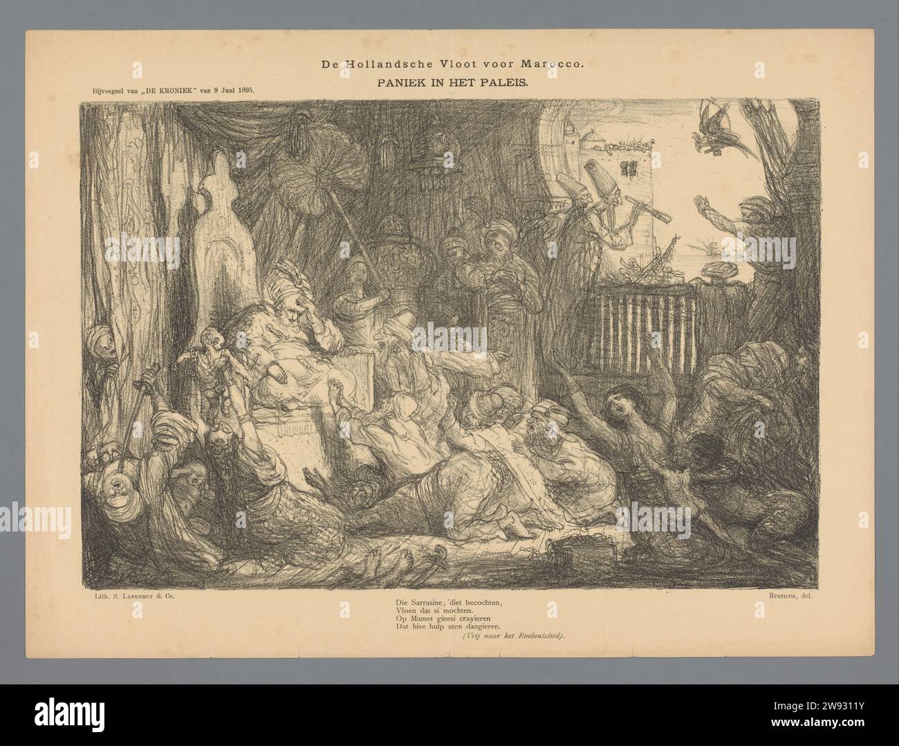 Die Hollandsche Flotte für Marocco. Panik im Palast, Marius Bauer, 1895 Druck Bartlepent über die Entsendung der niederländischen Flotte nach Marokko im Jahr 1895. Als Vergeltung für den Angriff marokkanischer Piraten auf das niederländische Schiff Anna im April 1895 schickte die Regierung ein Geschwader, das vor der Küste in Tanger blieb. Es herrscht Panik und Verzweiflung im Palast des Sultans. Am Ende einer vierzeiligen Strophe. Veröffentlicht in Ergänzung zu „de Kroniek“ vom 9. Juni 1895. Druckerei: Netherlandsprinter: Der Haguepublisher: Amsterdam Papier politische Karikaturen und Satiren Marokko Stockfoto
