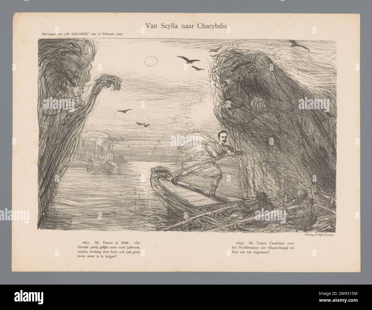 Von Scylla nach Chaybdis, Marius Bauer, 1896 Cartoon über Mr. Treub, der sein Schiff sicher zwischen Scylla und Chaybdis schickt. In der Bildunterschrift wird auf seine Kandidatur für das Zentralkomitee der Gesellschaft für den Gebrauch des Generals verwiesen. Veröffentlicht in Ergänzung zu „de Kroniek“ vom 16. Februar 1896. Druckerei: Netherlandsprinter: Der Haguepublisher: Amsterdamer Papier Ulysses passiert Scylla und Charybdis; Scylla verschlingt sechs dieser Männer. Scylla und Charybdis Niederlande Stockfoto