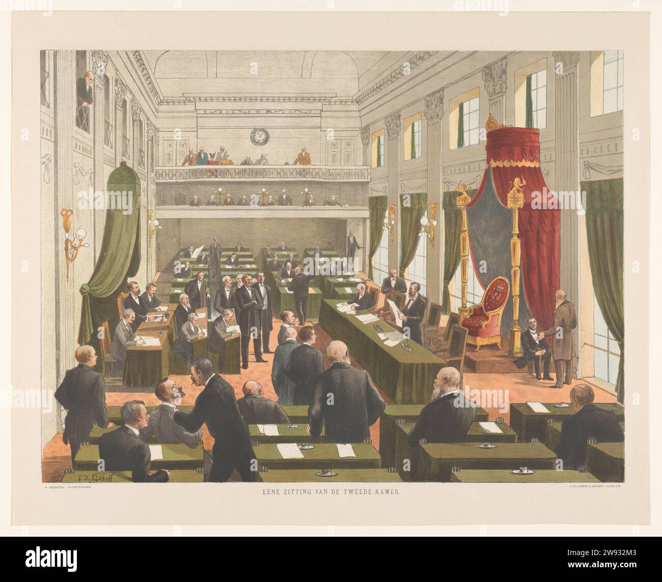 Unterhaus der Generalstaaten, den Haag, Gijsbertus Jan Sijthoff, ca. 1900 Innenraum des Repräsentantenhauses der Generalstaaten (Binnenhof in den Haag) mit mehreren Männern (Abgeordnete in schwarz-grauen Kostümen). Möbel und Vorhänge. Rechter Thron mit W und Bingakin oben in Rot und Gold. Am Ende des öffentlichen Tribune-Raums mit Zubehör. Nach Zeichnung von: Netherlandsprinter: Haarlempublisher: The Haager Paper debatte, Discussion (~ parlament) Old Hall Stockfoto