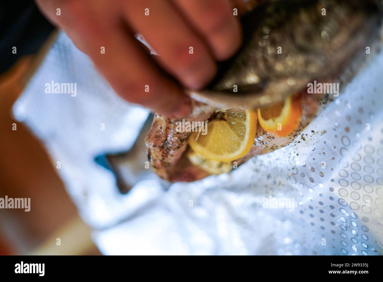 Frische Forelle mit Zitronenscheiben, Orangen, Butter und Dill. Stockfoto