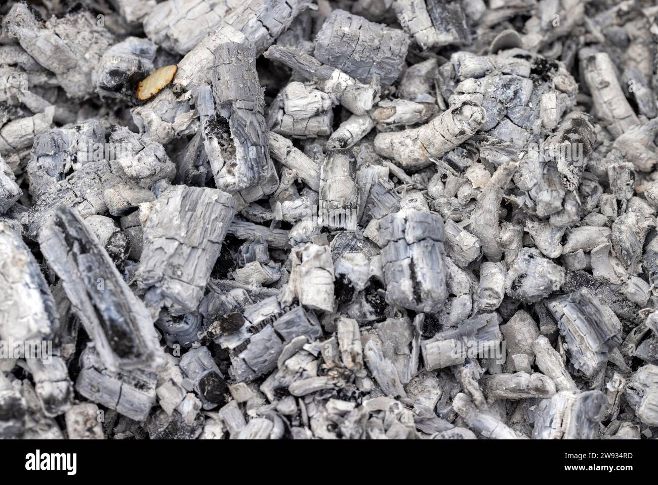 Asche und Kohlen im Feuer beim Kochen von Speisen, ein sterbendes Feuer zum Kochen von Fleisch auf Kohlen Stockfoto