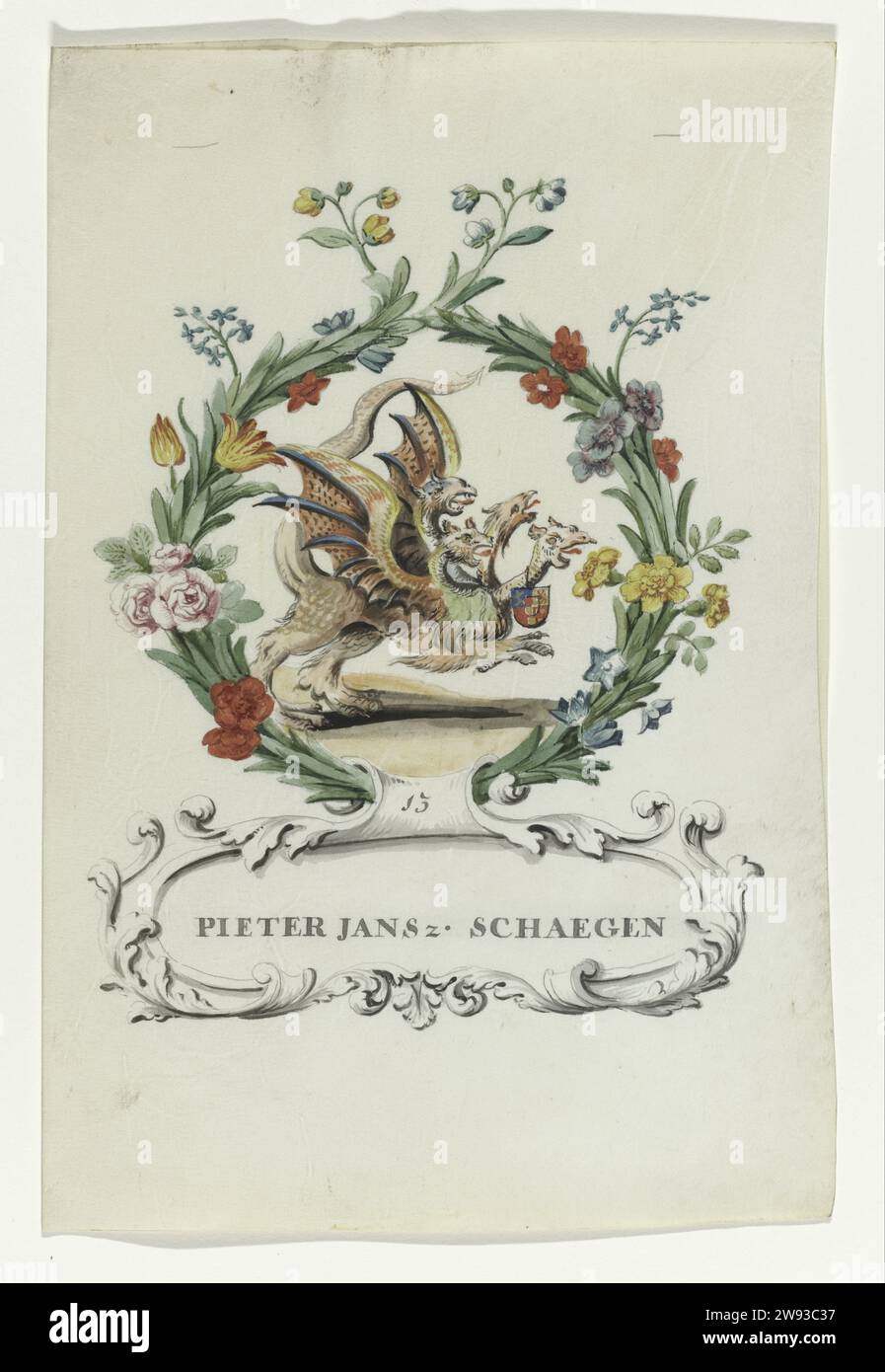 Cartoon von Pieter Jansz. Schaegen, Anonym, 1710 - 1720 Zeichentrickfilm von Pieter Jansz. Schaegen, Richter von Van Oldenbarnevelt; vierköpfiger Drache mit einer Waffe am Hals, in einem Kranz aus Blumen und Blättern. Einschließlich Cartouche, in dem Namen und über Nr. 13. Gehört zur Serie Aquarellen in Buch. Niederlande Pergament (tierisches Material). Aquarell (Farbe). Tintenstift / Pinsel politische Karikaturen und Satiren. Karikaturen (Menschentypen). Schlechter, korrupter Richter. drache (große fabelhafte Schlange, manchmal mit Flügeln und Beinen) Stockfoto