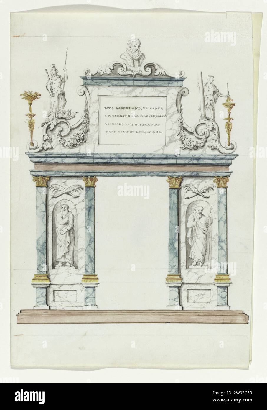 Triumphpoort 'Dies Vaterland, Your ... Vestraeker, 1710 Red, Raeder Killed on' t Hof.Scavot Where he he he Lages by God'. Triumphpoort 1720 'Dies Vaterland, Your Vestraeker, Your Vestraeker, Red, Raeder Killed on' t Hof.Scavot where he he he he lages by God'. Entsprechende 3 handschriftliche Einzeltexte. Gehört zu einer Reihe von Aquarellen im Buch. Niederlande Pergament (tierisches Material). Aquarell (Farbe). Tintenstift Stockfoto