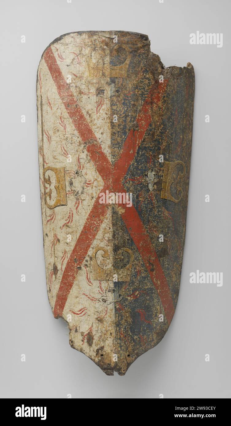 Pawise mit Andreas-Kreuz, anonym, um 1474 - um 1475 Schild Burgunder Schild mit Andreas-Kruis. Verlängerter, sperriger Schild mit abgerundeter Oberkante, nach unten und gelockt bis zu einer abgebrochenen Stelle. Über dem Punkt zwei Löcher, vermutlich um einen Eisenkopf anzubringen, um den Schild aufrecht in den Boden zu Pflanzen. Die unbemalte Innenseite ist mit vier Befestigungspunkten für Ledergürtel ausgestattet, in der Mitte mit einem Rautenmuster aus Kopfnägeln, wahrscheinlich um ein Lederkissen zu bestätigen. Das Gemälde auf der Vorderseite besteht aus einer Vertikalen in zweigeteiltem Stock (links) und Blau, auf denen ein rotes Andreas-Kreuz steht Stockfoto
