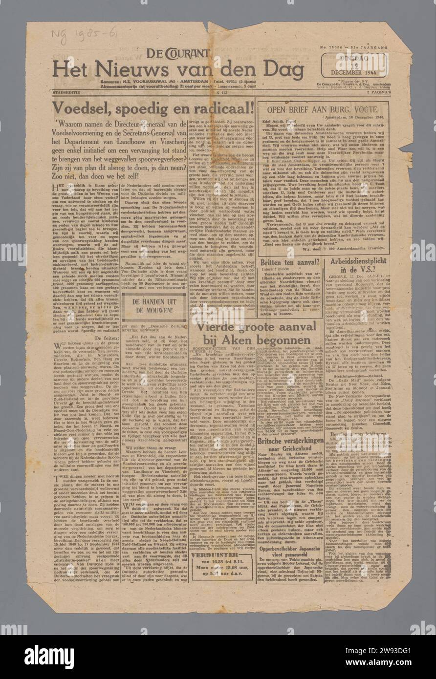 The Courant / Het Nieuws van den Dag, 1944, The Courant / Het Nieuws van den Dag, 1944 Artikel über drohende Nahrungsmittelknappheit. Offener Brief von 300 Frauen an den Amsterdamer Bürgermeister Voûte. Amsterdam Papier. Tintendruck Amsterdam Stockfoto