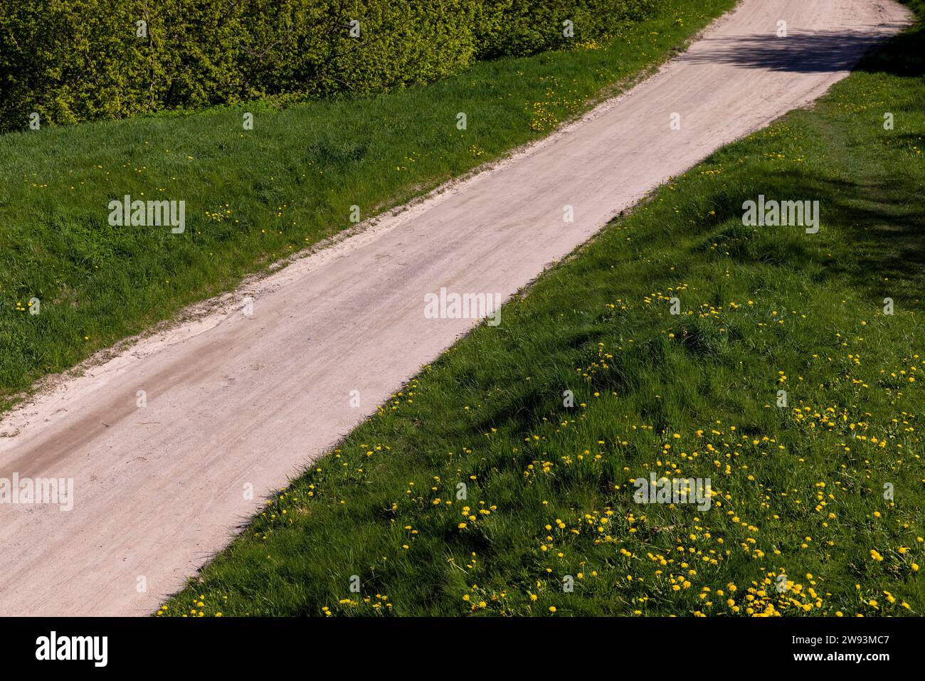 Unbefestigte Straße in ländlichen Gebieten im Frühjahr, unbefestigte Straße im Frühjahr, unbefestigte Straße in ländlichen Gebieten Stockfoto