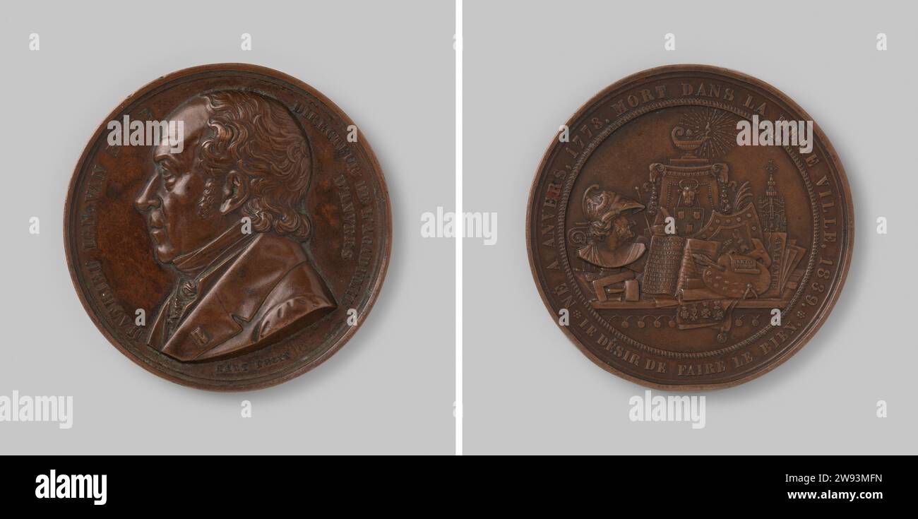 Matthieu Ign. Van Bree, Direktor der Antwerpener Akademie, 1843 Medaille Bronze Medaille, gegossen und klang, als Reaktion auf den Tod des Malers M.I. van Bree (1773-1839). Vorne: Brust von links gedreht, Profil zeigt Mann, mit einer Abwechslung. Reverside: Auf Piedestal gruppierte Objekte, die sich auf Kunst und Kunst beziehen, darunter eine Büste eines griechischen Gottes, eine Malpalette und Bücher sowie einige Ladungen, mit einem Altar im Hintergrund, auf dem eine brennende Öllampe, in den Kabeln die Beschreibung des Warums eingrenzen. Bronze (Metall) Guss Antwerpen Stockfoto