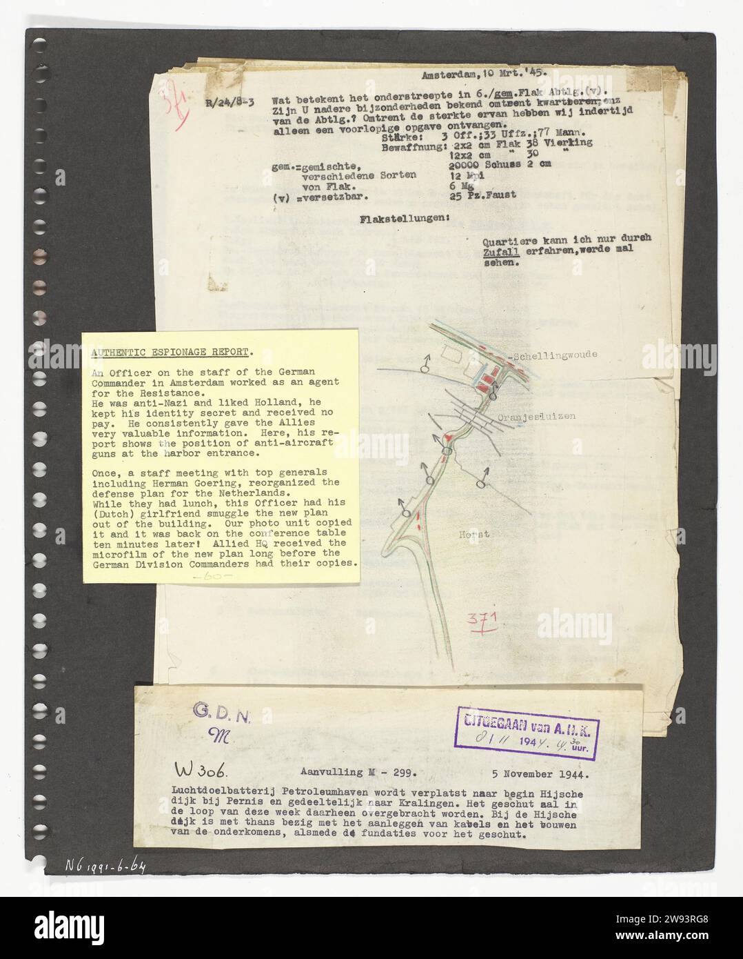 Spyage Report, 1945 Foto Spion berichtet von einem deutschen Offizier, der für den niederländischen Widerstand arbeitete. Niederlande Papier. Kunststoff (organisches Material) Niederlande Stockfoto