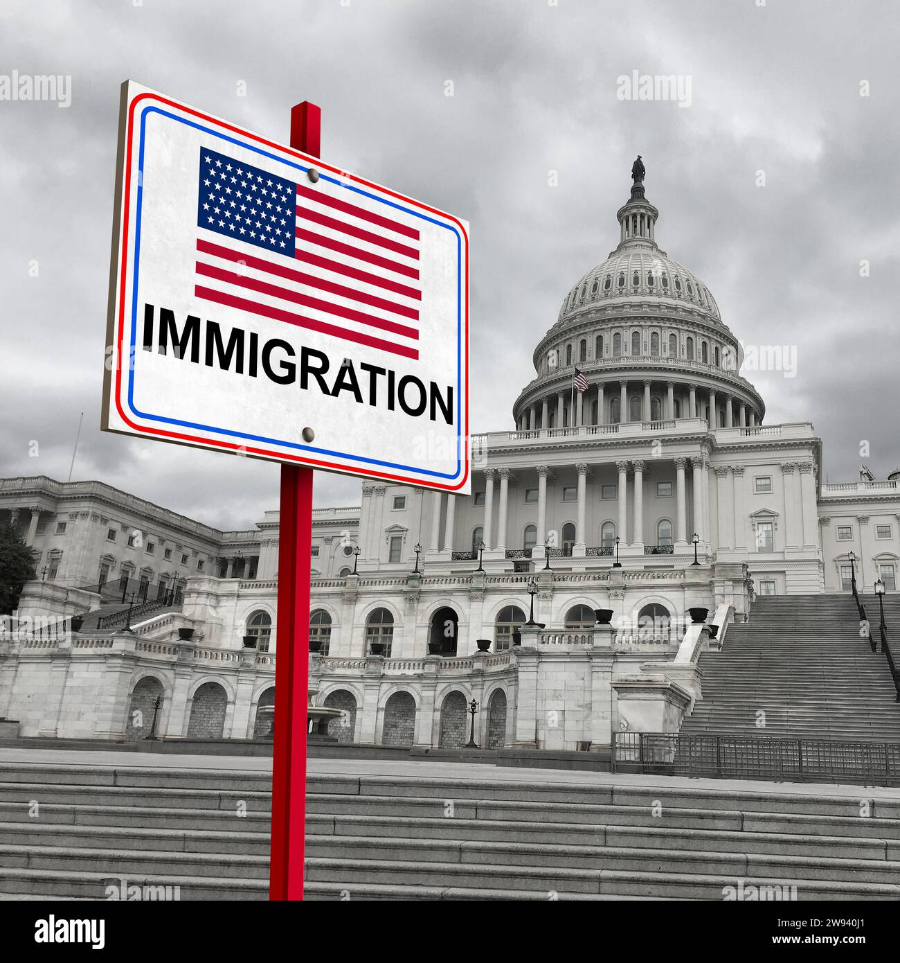 Einwanderung der US-Regierung und amerikanische Einwanderer oder Flüchtlingskrise der Vereinigten Staaten an der Grenze als soziales Problem über Flüchtlinge Migranten oder illegale Stockfoto