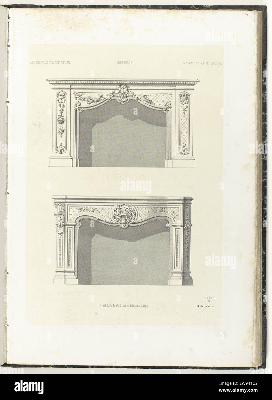 Zwei Unterbods, ca. 1866 - ca. 1900 Drucksendungen mit einer Variante für die rechte Hälfte. Der obere untere Busen ist mit Laubstöcken und Blüten verziert, der untere mit einer Volute auf der linken Seite. Oben links: Motifs de Décoration, oben rechts: Marbrie et sculpture, unten rechts: Nr. 12. G. 55. Lüttich-Papier Stockfoto