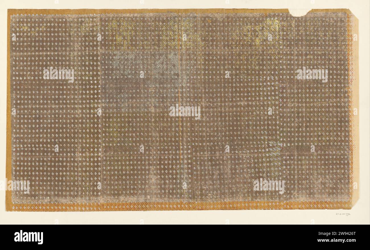 Blatt mit ausgebreiteten Fenstern in weiß und rot auf Gold, anonym, 1850 - 1950 dekoriertes japanisches Papier. China-Papier. Lack (Beschichtung). Blockdruck (Reliefdruckverfahren) Ornament  geometrische Motive Stockfoto