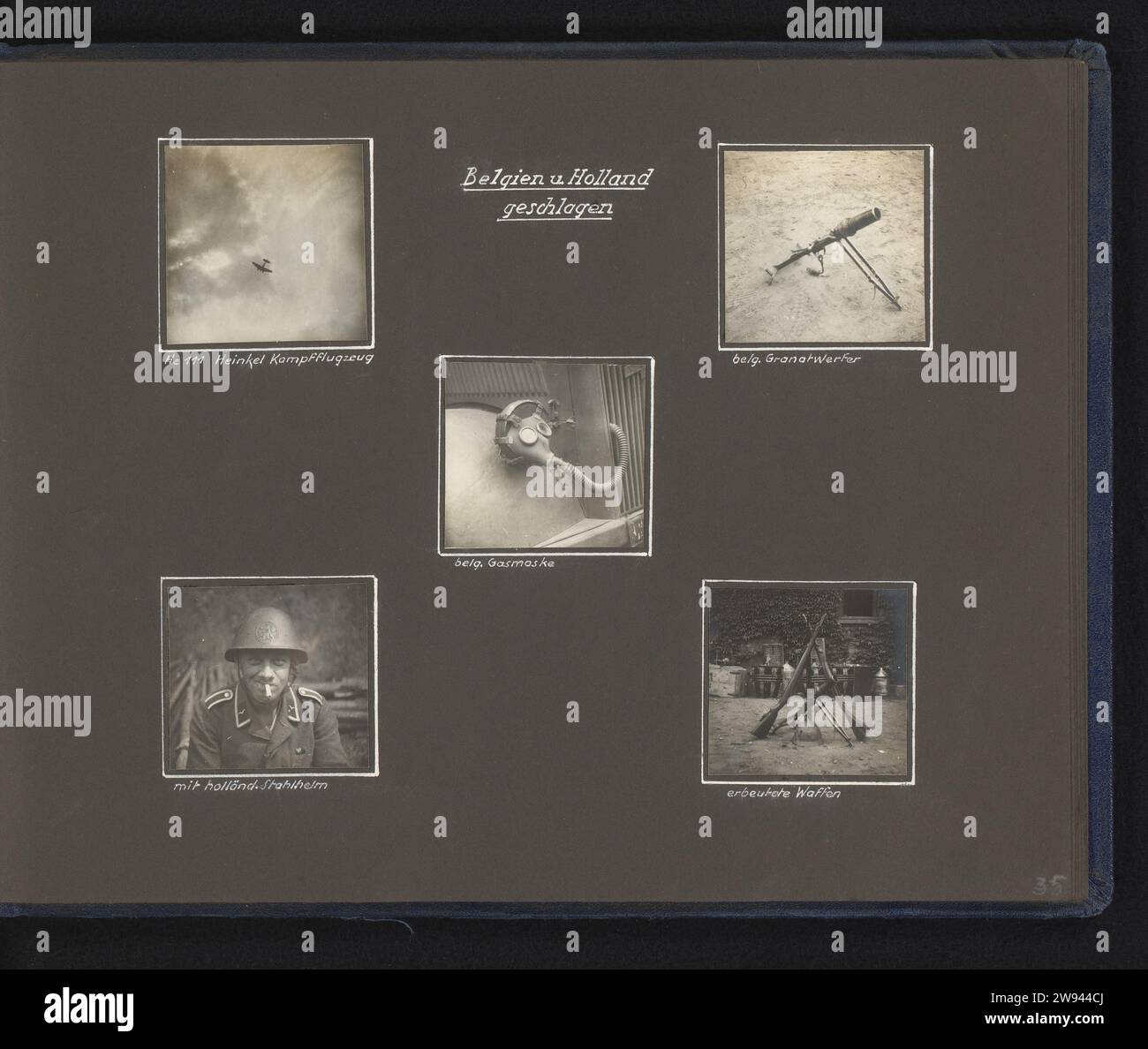 Inval in den Niederlanden, 1940 Foto Albumblad markierte „Belgien und Niederlande montiert“ mit fünf Fotos während und nach der deutschen Invasion in die Niederlande im Mai 1940. Bestimmte belgische und niederländische Waffen und Gasmaske, ein Militär posiert mit einem niederländischen Helm auf dem Kopf ('mit Holländ. Stahlhelm') und ein fliegender Deutscher Heinkel. Teil eines deutschen Militäralbums Second World war 1939–1940. Unterstützung für Fotos in den Niederlanden. Papier Gelatine Silberdruck nach der Schlacht. Schusswaffen. Schutzwaffen (mit NAMEN). Helm. Flugzeug, Flugzeug Niederlande. Deutschland Stockfoto