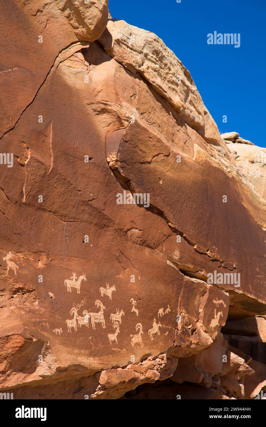 Petroglyphen von Wolfe Ranch, Arches National Park, Utah Stockfoto