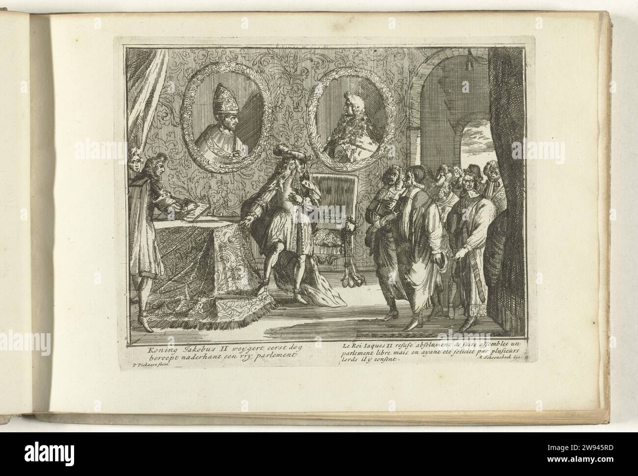 Jacobus II. Vertraut auf ein freies parlament, 1688, 1689 Druck König Jacobus II. Wird von parlamentsabgeordneten nach einer anfänglichen Weigerung, ein freies parlament einzuberufen, überzeugt. Links steht der König an einem Tisch, an der Wand große Porträts des Papstes und Ludwigs XIV. (?). Platte G in der Serie „Engelants Schouwenoneel“ über die glorreiche Revolution und Ereignisse aus den Vorjahren 1685-1689 (erster Teil). Mit Untertiteln in Niederländisch und Französisch. Amsterdamer Papierätzung Stockfoto