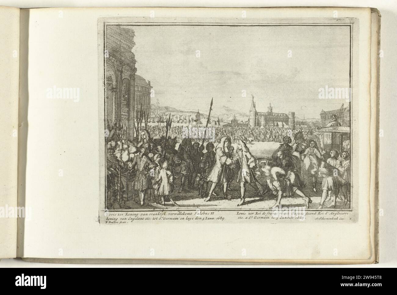 König Jakobus II. Begrüßt von Ludwig XIV., 1689, 1689 Drucken der englische Flüchtlingskönig Jakobus II. Wird von König Ludwig XIV. Auf der Burg Château de Saint-Germain-en-Laye am 5. Januar 1689 begrüßt. Platte P in der Serie 'Engelants Schouwtoneel' über die glorreiche Revolution und Ereignisse der Vorjahre 1685-1689 (erster Teil). Mit Untertiteln in Niederländisch und Französisch. Amsterdam Papierätzung willkommen  Reise Château de Saint-Germain-en-Laye Stockfoto