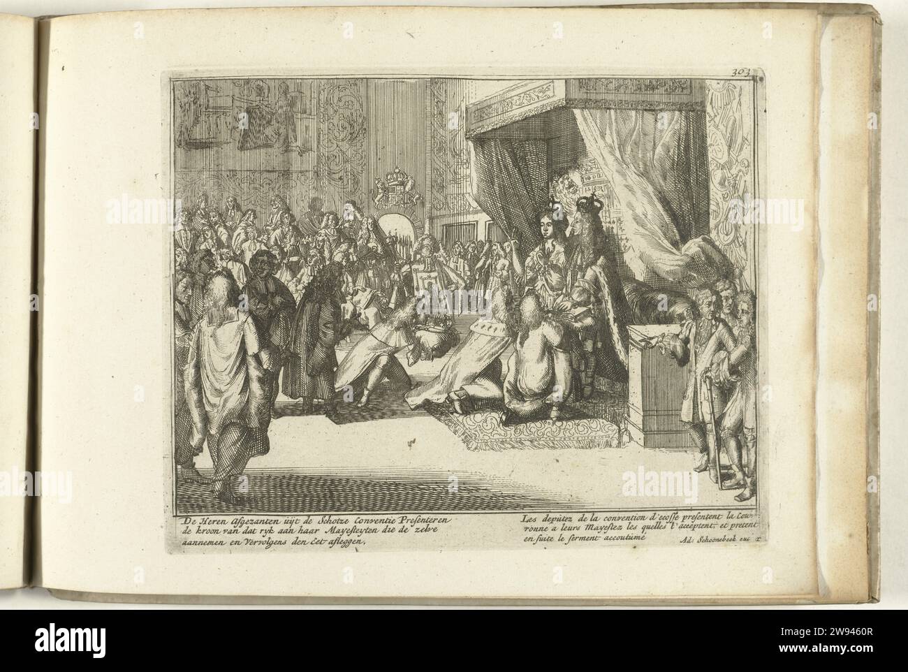 König Wilhelm III. Und Königin Maria erhalten die Krone von Schottland und leisten den Eid, 1689, 1689 Druck König Wilhelm III. Und Königin Maria erhalten von den Vertretern der schottischen Konvention de Kroon von Schottland und leisten den Eid, 21. April 1689. Auf der rechten Seite schwören Willem und Mary unter einem Baldachin. Oben rechts nummeriert: 303. Platte T in der Serie „Engelants Schouwtoneel“ über die glorreiche Revolution 1688-1689 (zweiter Teil). Mit Untertiteln in Niederländisch und Französisch. Amsterdamer Papierätzung nach der Krönung. Der neue Herrscher legt den Eid Schottland ab Stockfoto