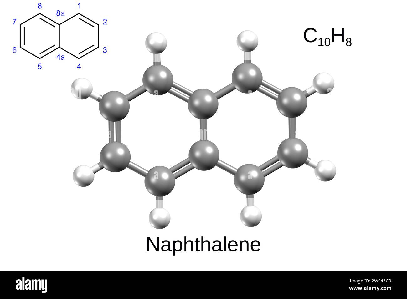 Chemische Formel, Strukturformel und 3D-Kugelmodell von Naphthalin, weißer Hintergrund Stockfoto