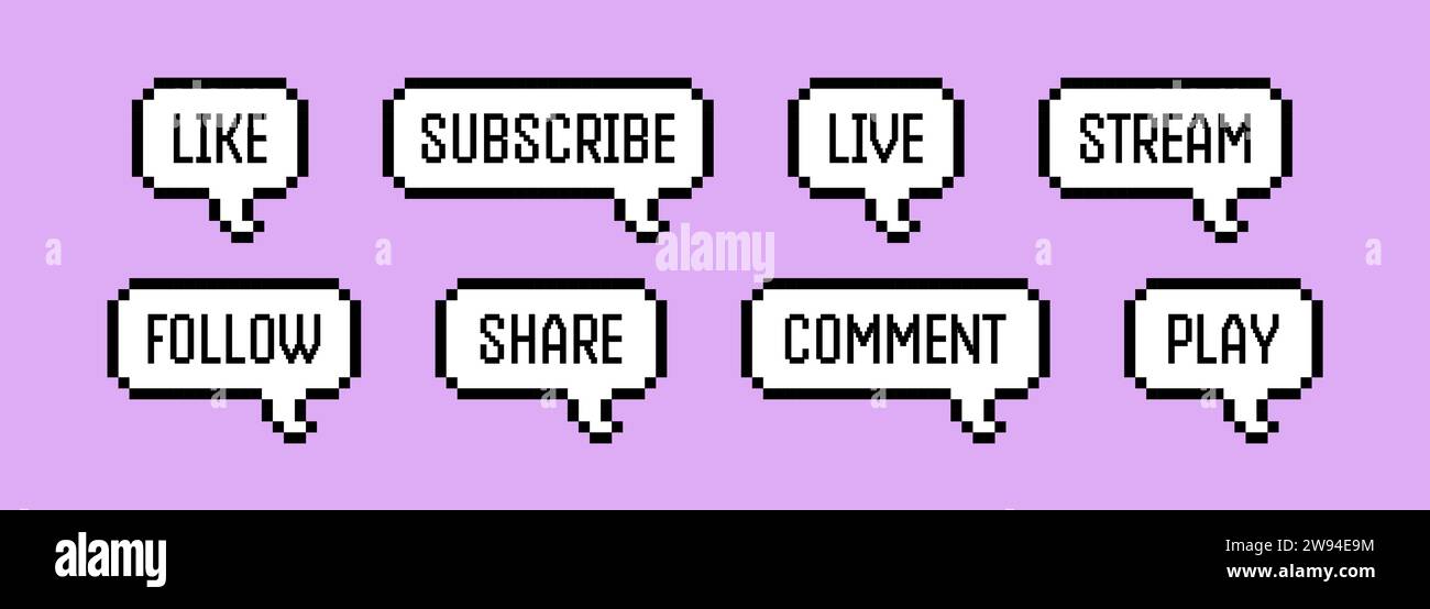 Pixel-Sprechblasen-Paket. Textfelder für soziale Netzwerke, Podcasts und Chats. Vektorabbildung in 8-Bit-Pixelart. Stock Vektor