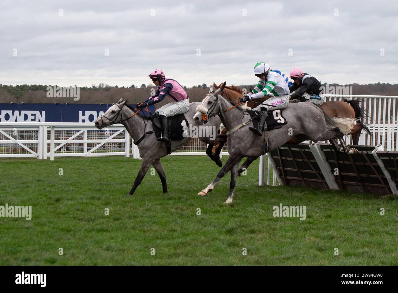 Ascot, Berkshire, 23. Dezember 2023. Horse Top Cloud (Nr. 9), geritten von Jockey Liam Harrison, macht den letzten Platz, bevor er am zweiten Tag des Howden Christmas Racing Weekend auf der Ascot Racecourse gewinnt. Besitzer Auf Dem Gallops - Top Cloud. Trainer Robbie Llewellyn, Swindon. Breeder Wood Farm Stud. Quelle: Maureen McLean/Alamy Live News Stockfoto