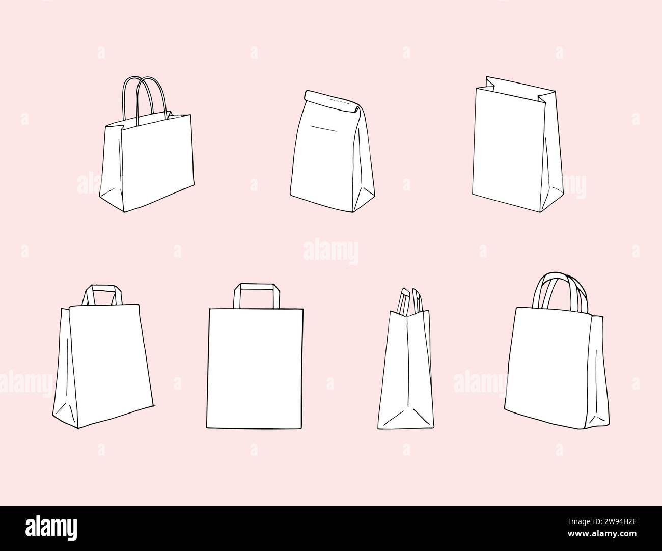 Handgezeichnete Papiertüten. Papier-Lunch-Vektor-Lebensmittel-Basteltaschen und Shopping. Leeres Shopping, gefaltete Lebensmittelbeutel Illustrationsset. Stock Vektor