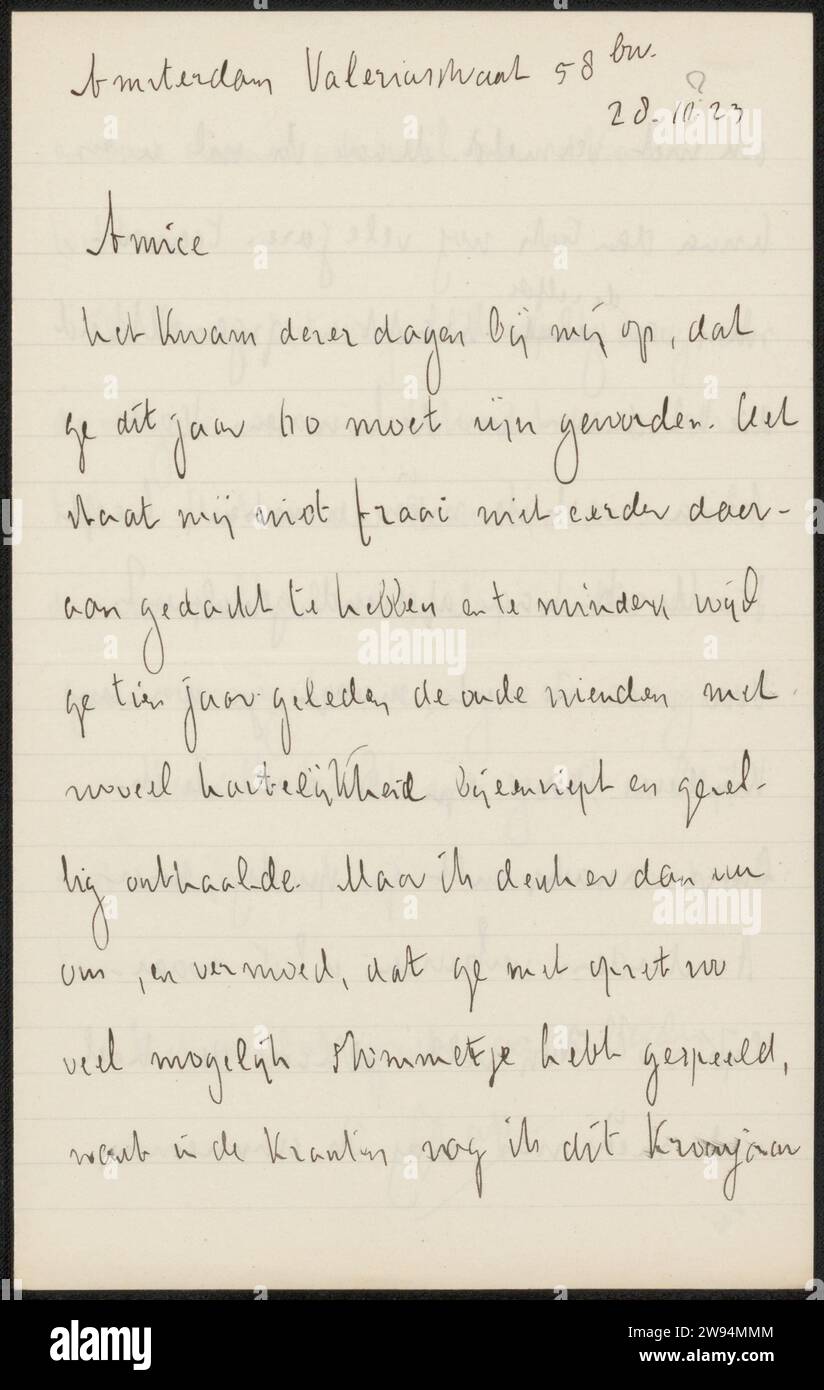 Brief an Jan Veth, CHAP van Deventer, 1923 Brief Amsterdam Tintenbeschriftung (Prozesse) / Stiftdrucksache Amsterdam. Utrecht Stockfoto