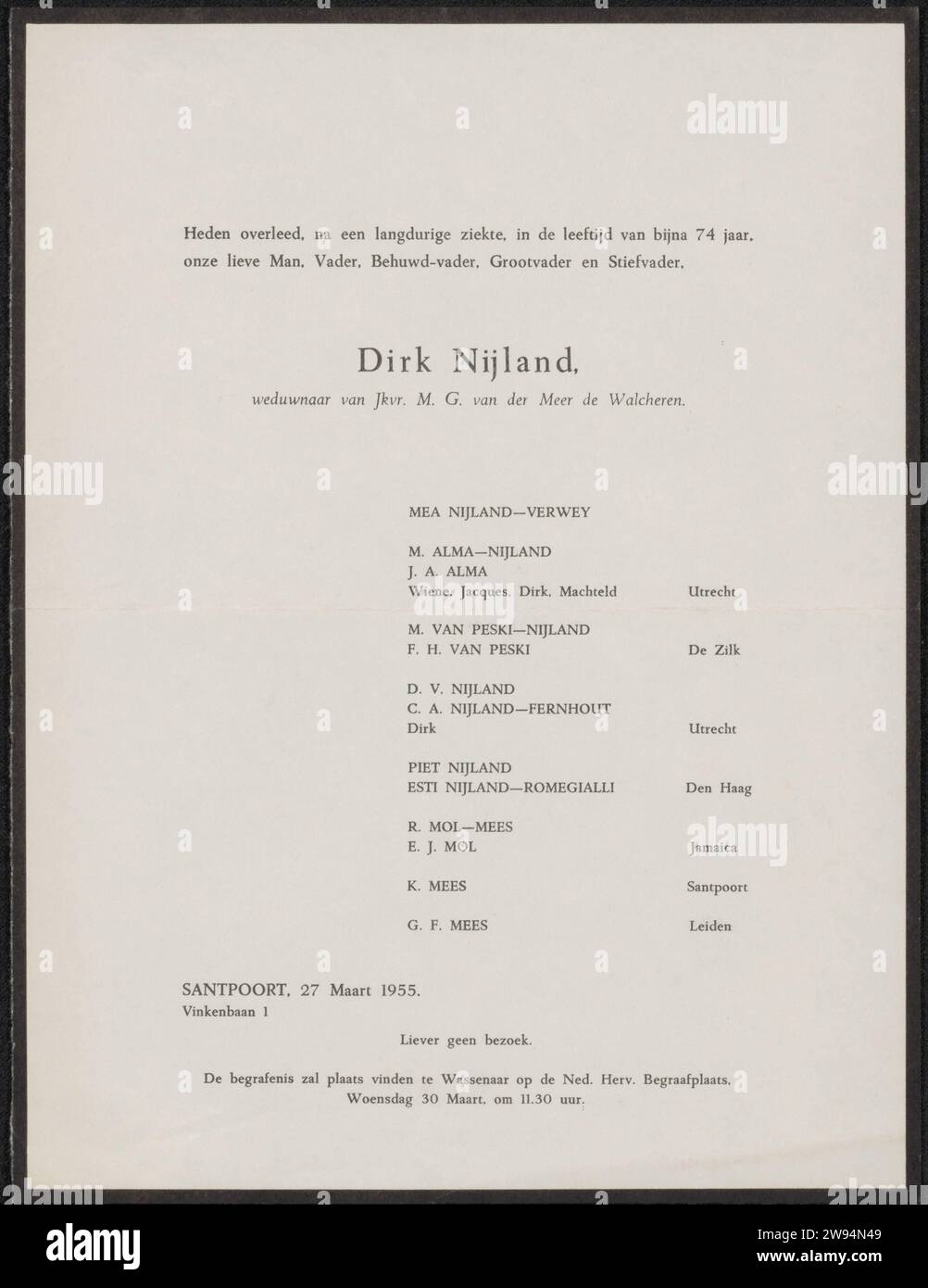 Todesbericht über Dirk Hidde Nijland, Anonym, 1955 Santpoort-Papierdruck Stockfoto