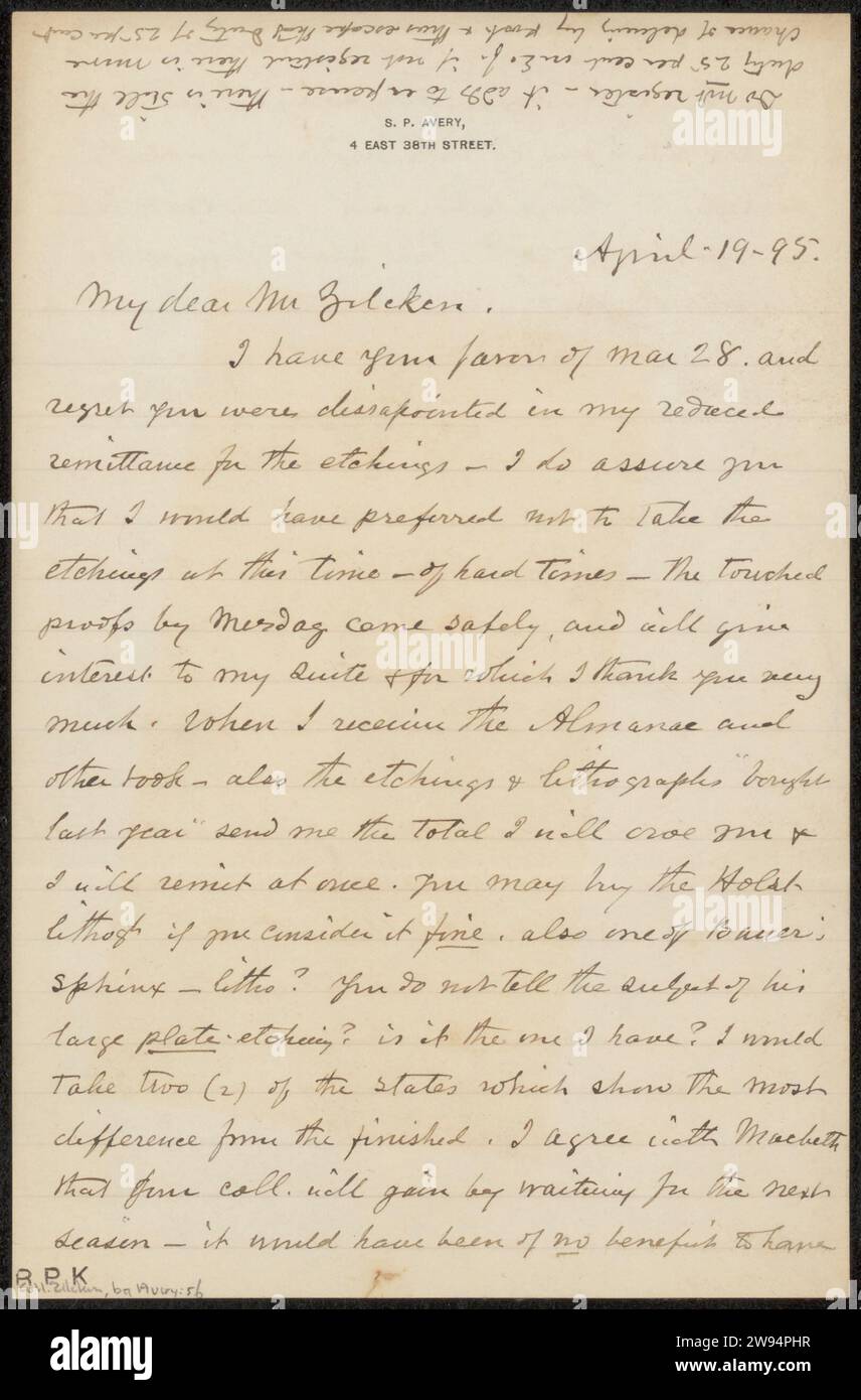 Brief an Philip Zilcken, 1895 Brief New York (Stadt) Tinte Schreiben (Prozesse) / Stift / Druck der grafischen Künste. Kunsthandel, Kunstgeschäft Antwerpen Stockfoto