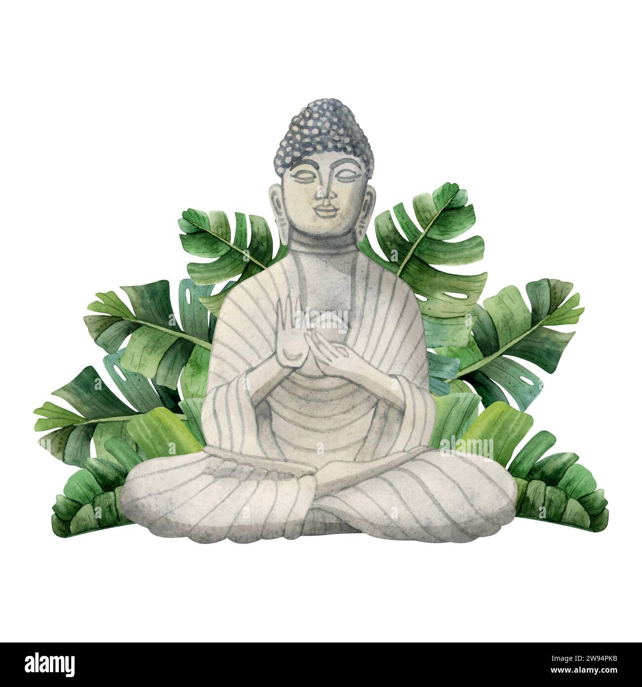 Meditierende Buddha-Steinfigur mit grünen tropischen Palmblättern Aquarellillustration isoliert auf weißem Hintergrund Stockfoto