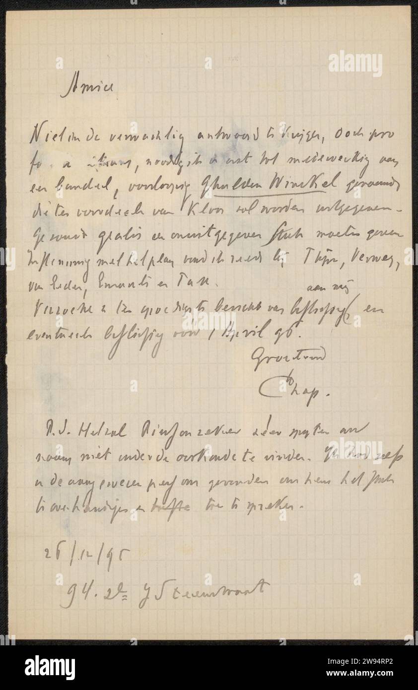 Brief an Jan Veth, CHAP van Deventer, 1895 Brief Amsterdam Paper. Schreibtinte (verarbeitet)/Stiftdruck Stockfoto