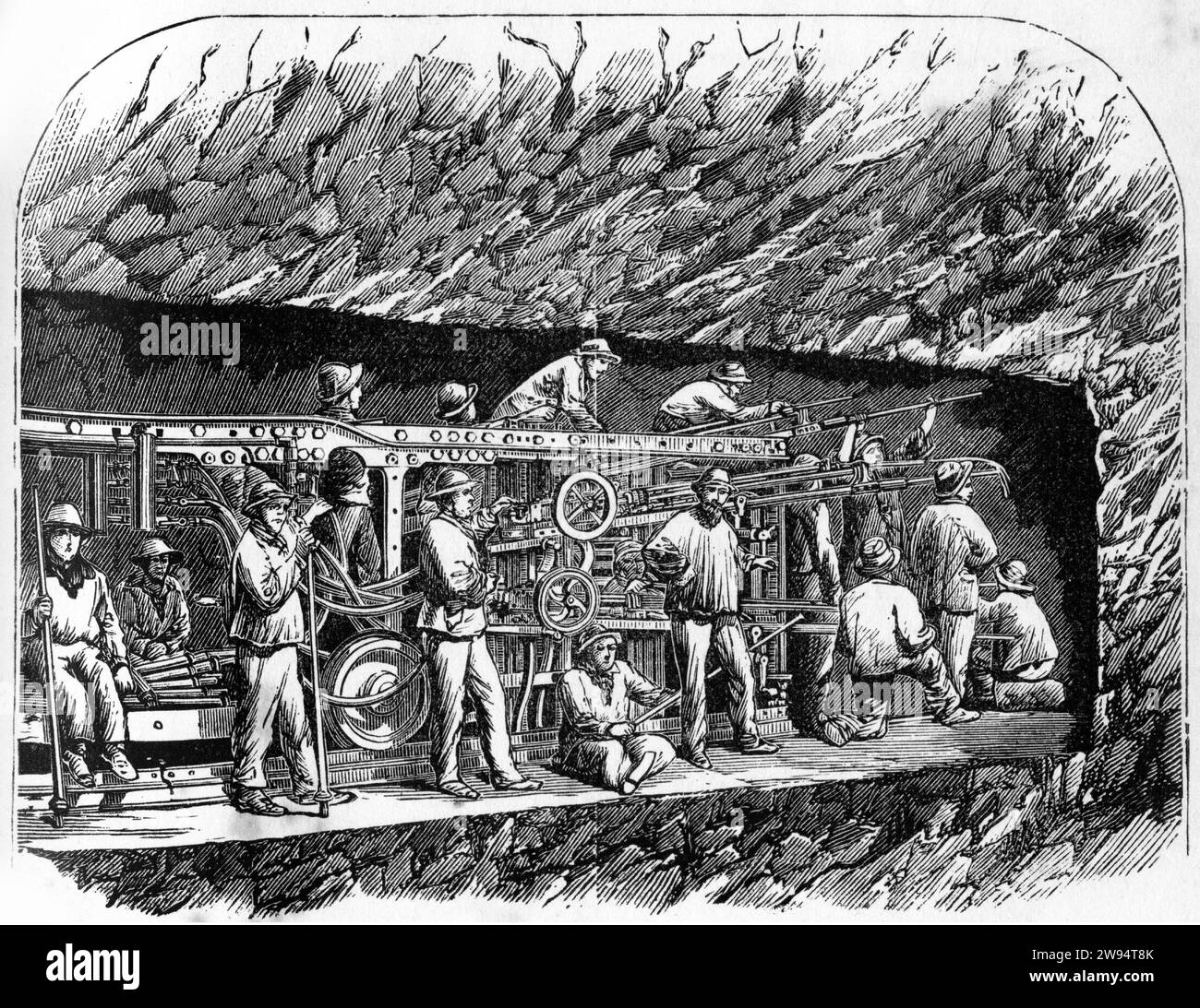 Gravur einer Bohrmaschine im Cenis-Tunnel, der Italien und Frankreich verbindet, aus der unterirdischen Welt, um 1878 Stockfoto